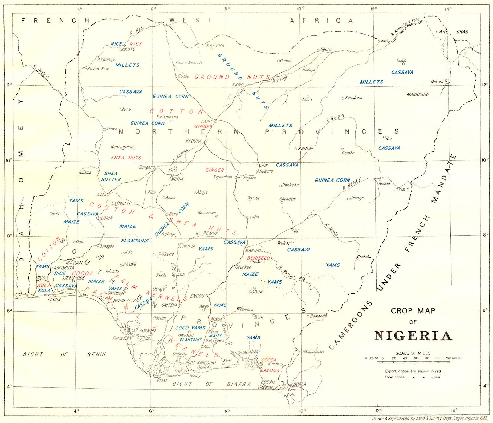 NIGERIA. Crop Map of Nigeria 1936 old vintage plan chart